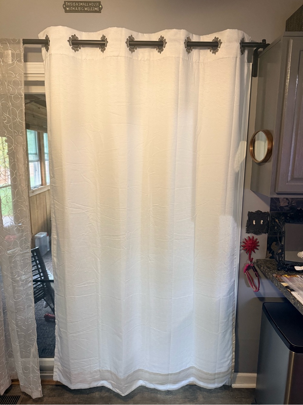 White Blackout Curtains w silver scalloped grommets each panel is 84”x54”